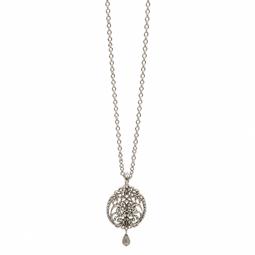 Vintage Retired Brighton "Geneva" Silver Filigree Pearl Drop Long Necklace.