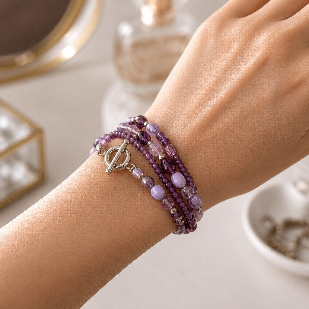 Vintage Multi Strand Purple Mixed Glass Bead Toggle Clasp Artisan Bracelet