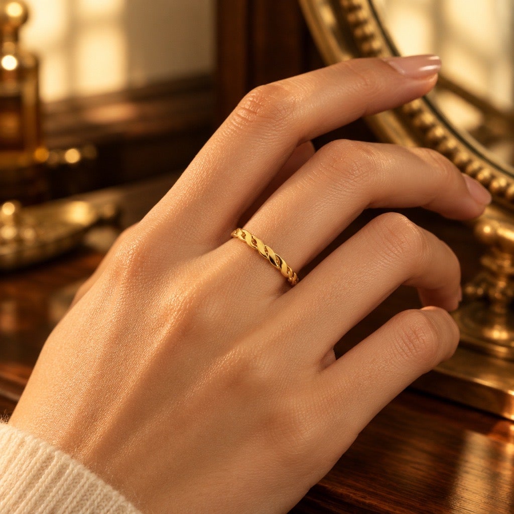 Modern 14K Gold Plated Thin Twisted Rope Ring – Stackable Braided Vine Band
