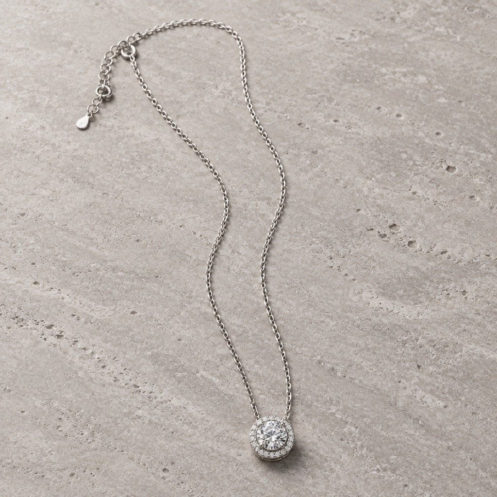 Genuine 1 Carat Moissanite Halo Pendant Necklace, Solid 925 Sterling Silver
