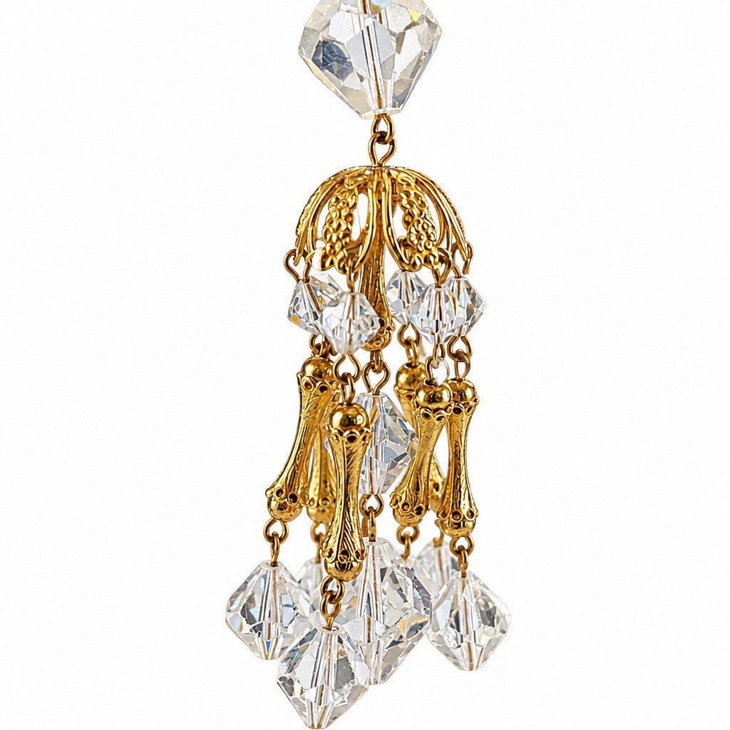 Mid Century Aurora Borealis Crystal Flared Link Tassel Necklace