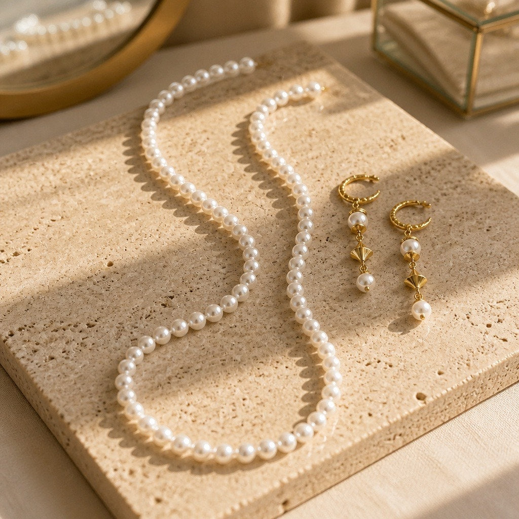 Chanel Style Pearl Necklace & 3 Pairs Earrings Set Gold Plated Mid Century