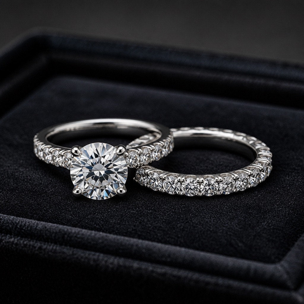 2-Piece Silvertone Multi-Stone Engagement Ring Set, Pave Round Cut Simulated Diamond Wedding Bands