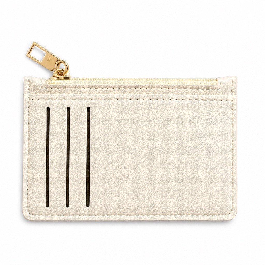 Cream Faux Leather Slim Zipper Card Holder Travel Pouch Wallet