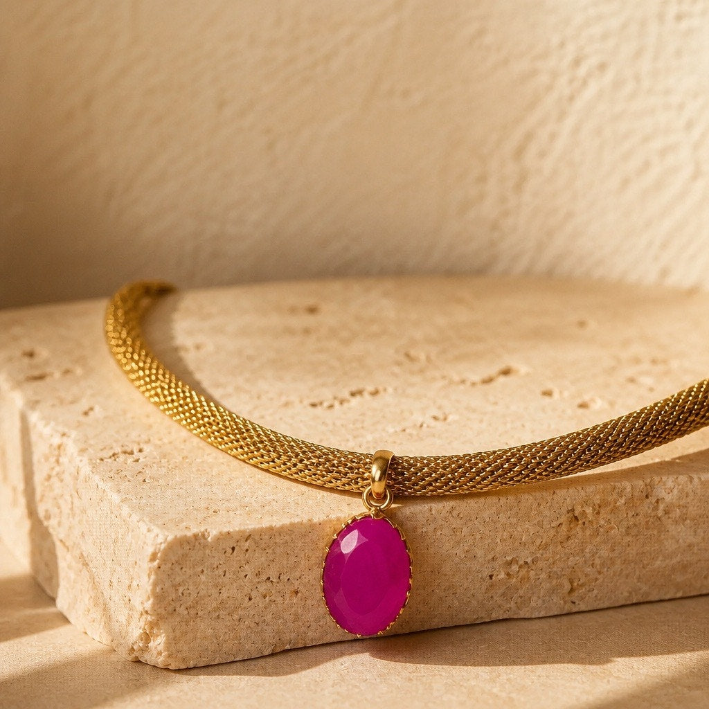 18K Gold Plated Thick Mesh Choker – Translucent Fuchsia Pink Gemstone