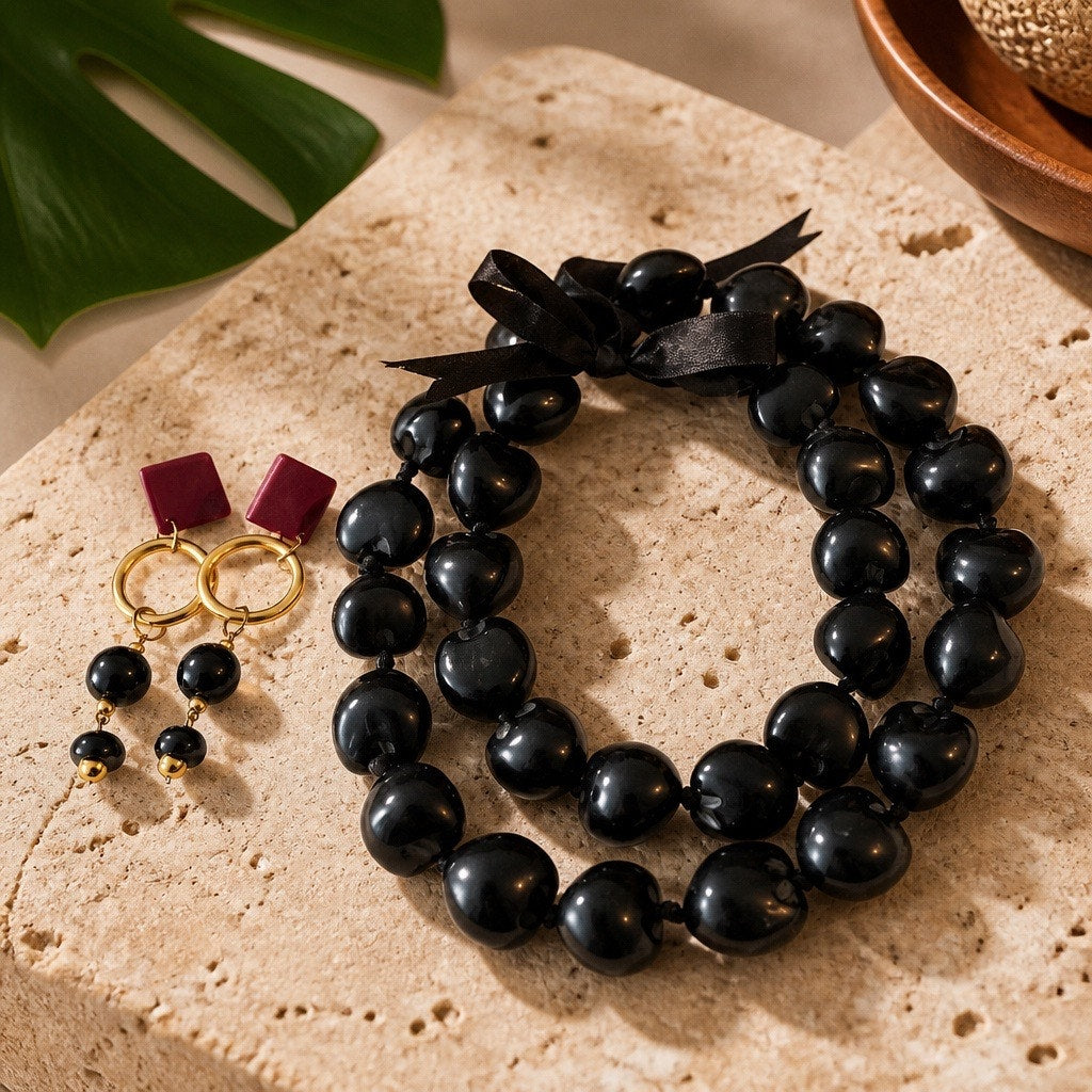 Curated Noir Double-Strand Ribbon Collar & Burgundy Geometric Drop Earring Set