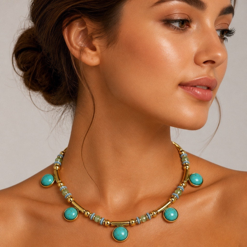 Premier Designs "Gilded Oasis" Turquoise & Gold Statement Necklace