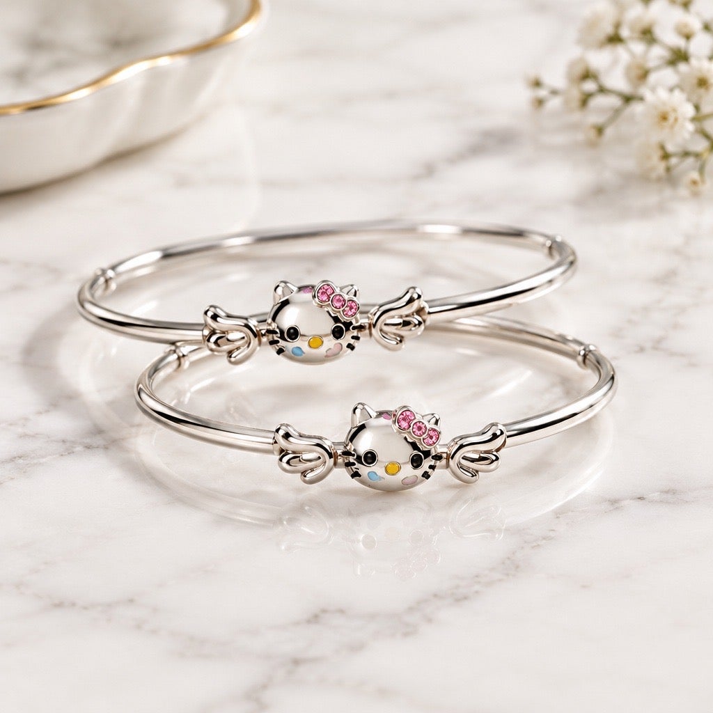 Modern Y2K Inspired Hello Kitty Angel Wing Crystal Pavé Silver Stacking Bangles