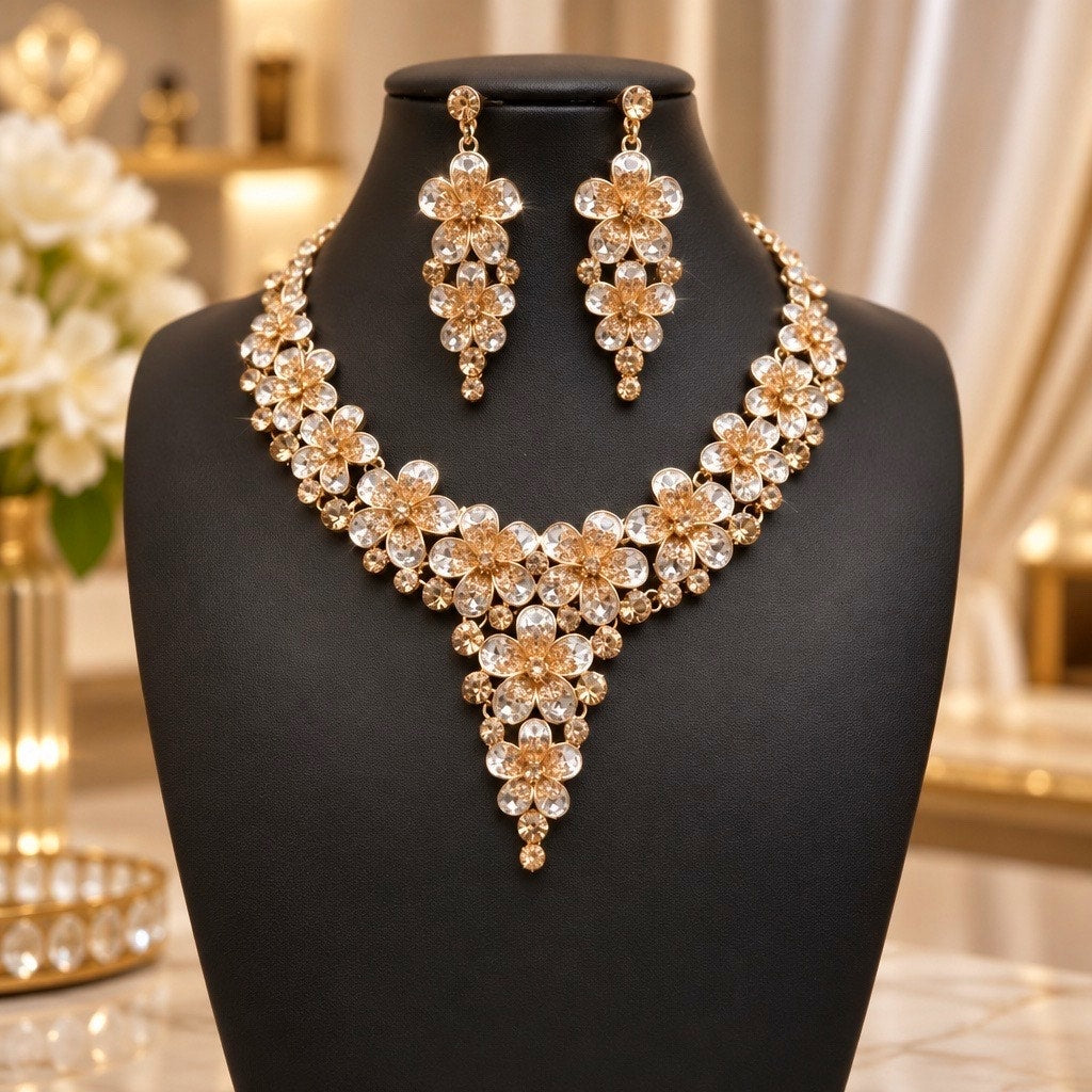 Vintage Champagne Rhinestone Cascading Flower Jewelry Set Parure
