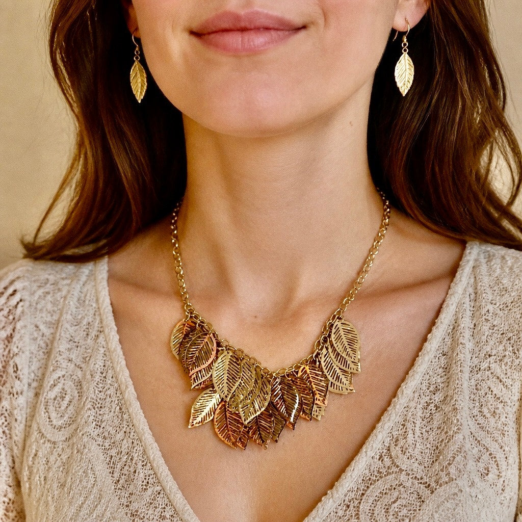 "Golden Laurel" Wardrobe: Matching Leaf Bib Necklace & 2x Earring Curated Set
