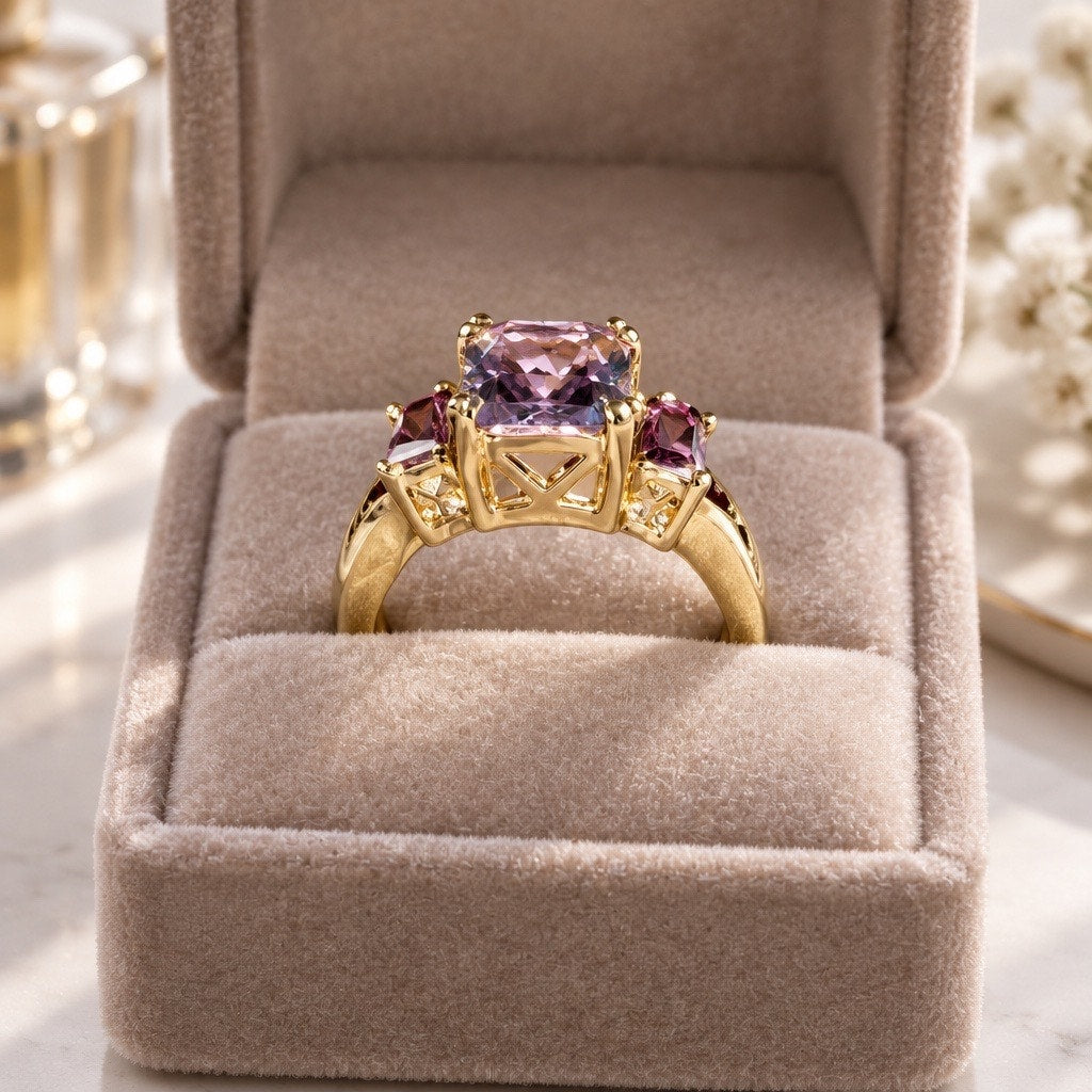Royalty in Gold: The Majestic Emerald-Cut Purple Gemstone Statement Ring size 9.5-10