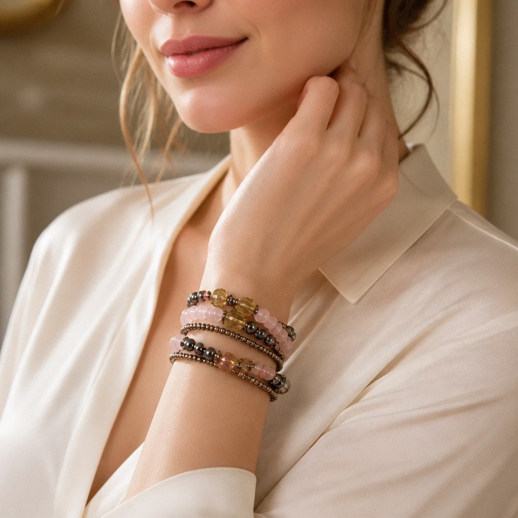 Vintage Rose Quartz Stretch Bracelet Set