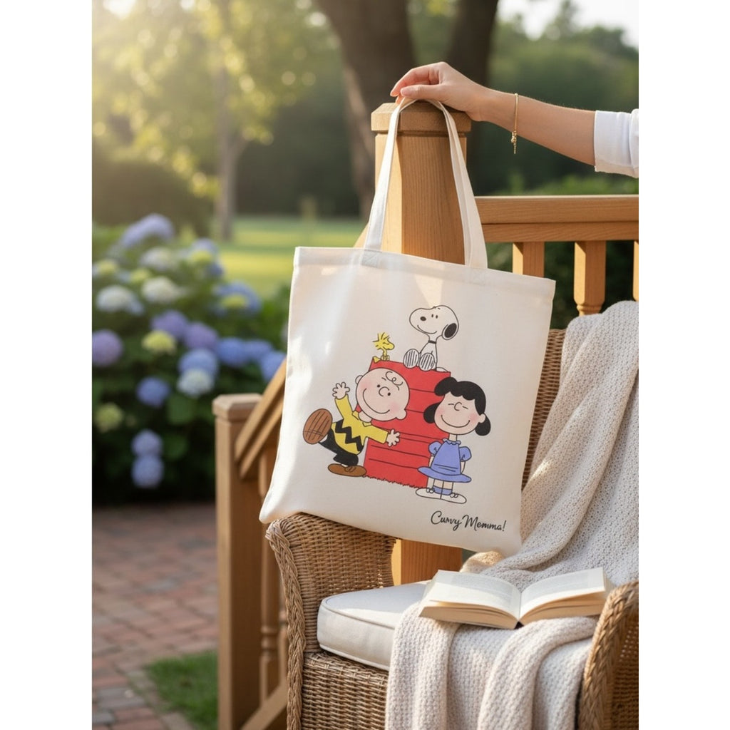 Snoopy & Peanuts Characters Canvas Tote in Cream- front/back