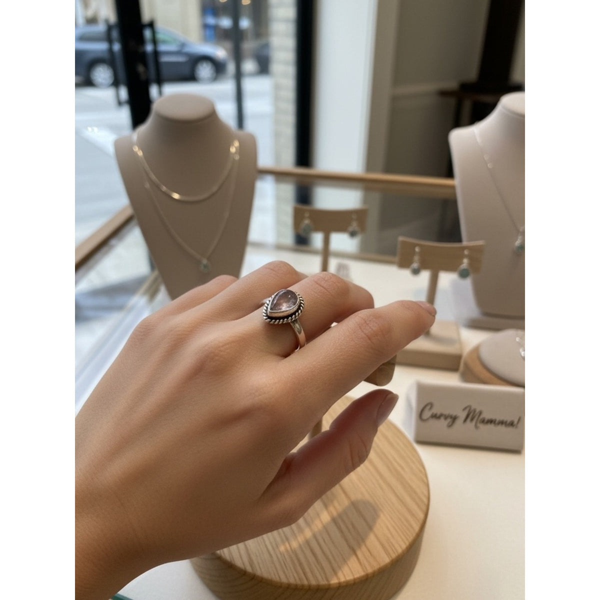 925 Sterling Silver Teardrop Rose Quartz Ring -