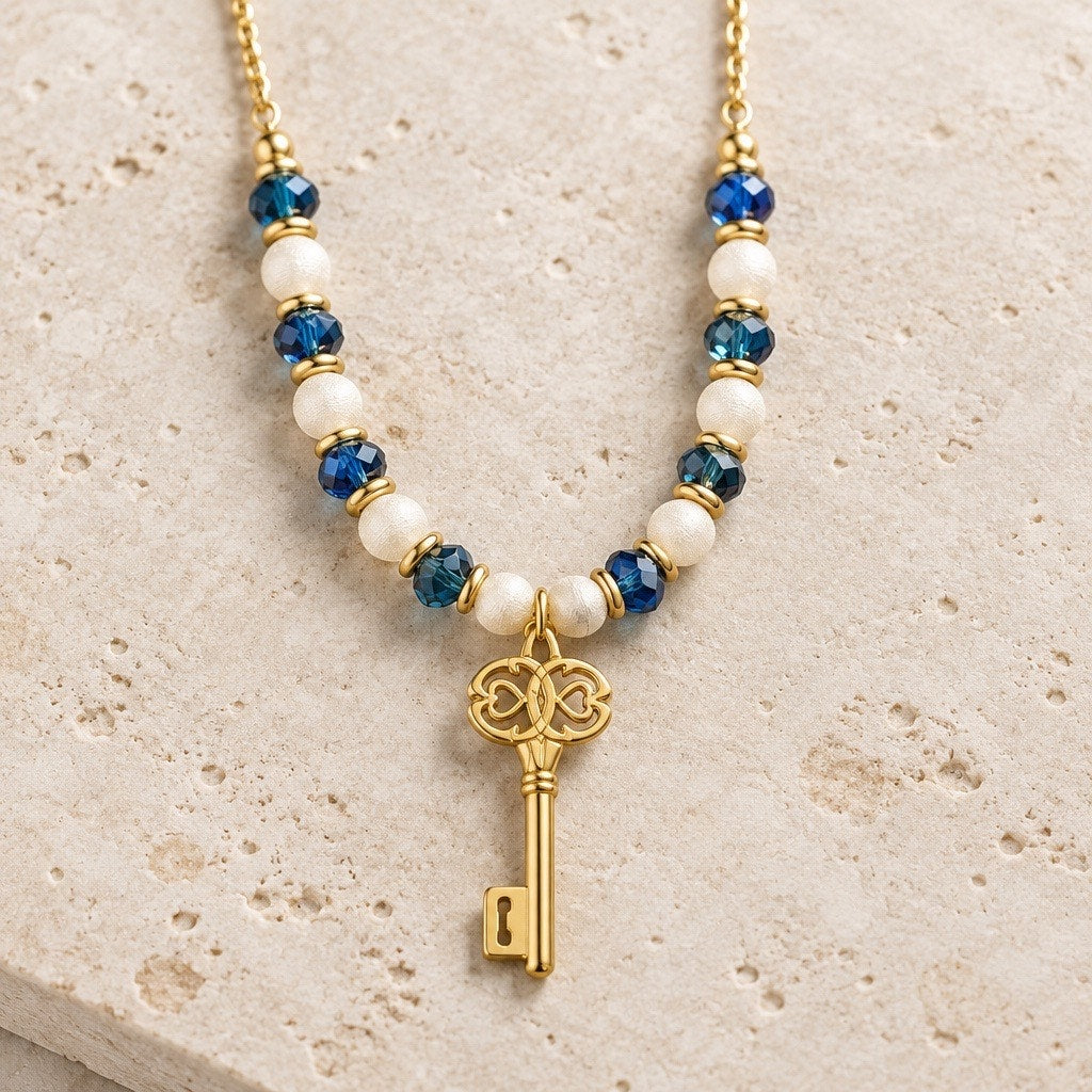 Pearl & Blue Crystal Choker -Victorian Style Antique Skeleton Key Necklace
