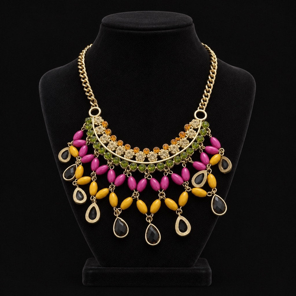 Multi-Color Beaded Statement Necklace - Pink & Yellow
