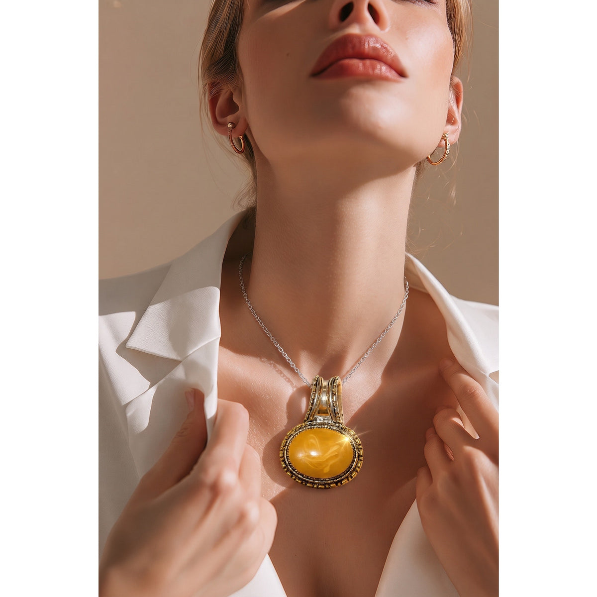Vintage 1970 s Silver Tone Agate Yellow Swirl Art Stone Oval Medallion Pendant Large Textured Bale