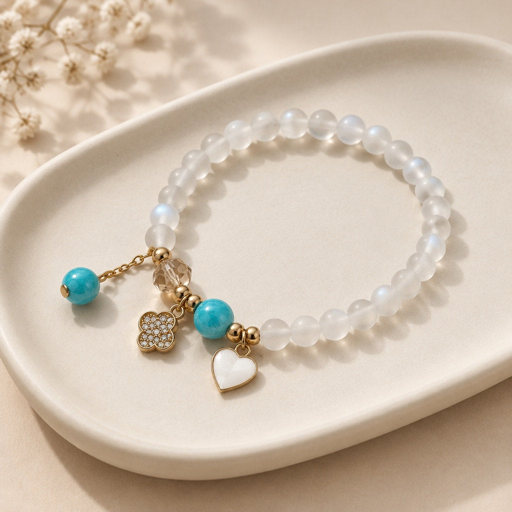 Celestia Alabaster Glass Charm Bracelet with Turquoise Accents & Pavé Clover