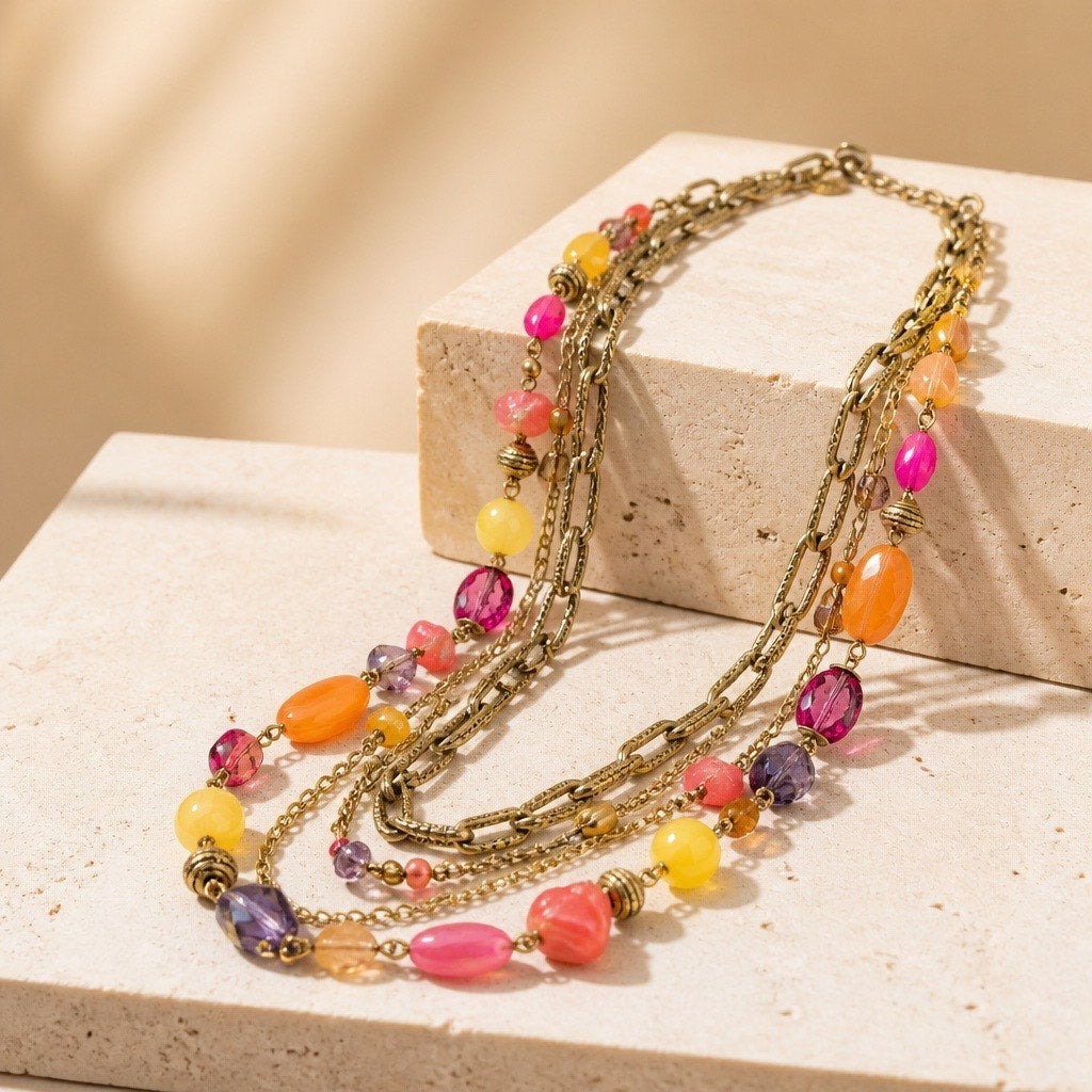 Vintage Lia Sophia Layered Boho Statement Necklace - Sunset Tones Pink, Orange & Yellow Mixed Media Beads
