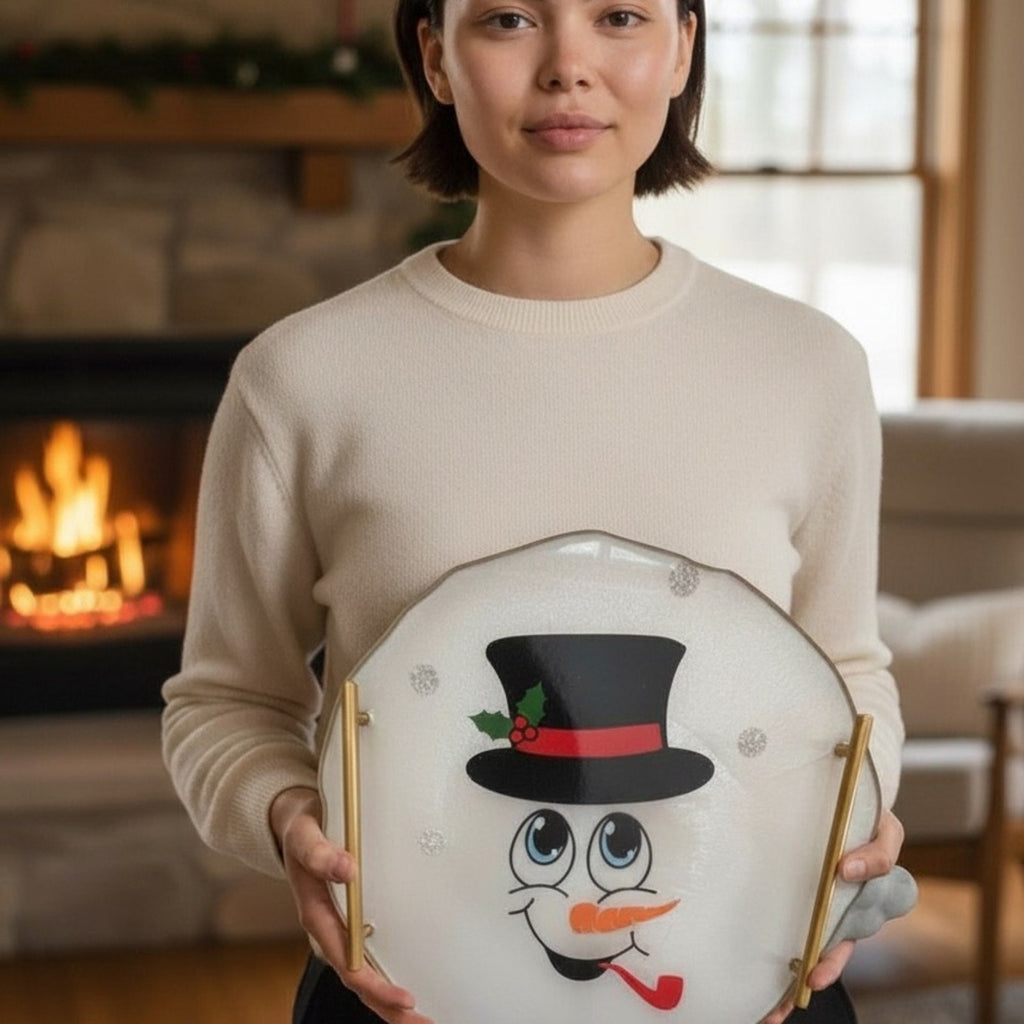 Handcrafted Festive Snowman Plate with Gold Accents