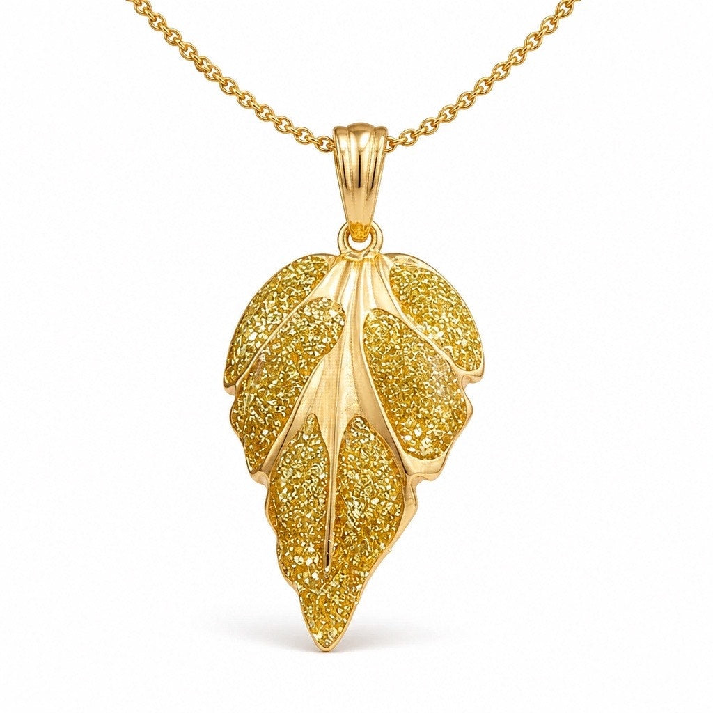 Vintage 18K Gold Dust Filled Leaf Pendant Necklace Textured Stardust Botanical