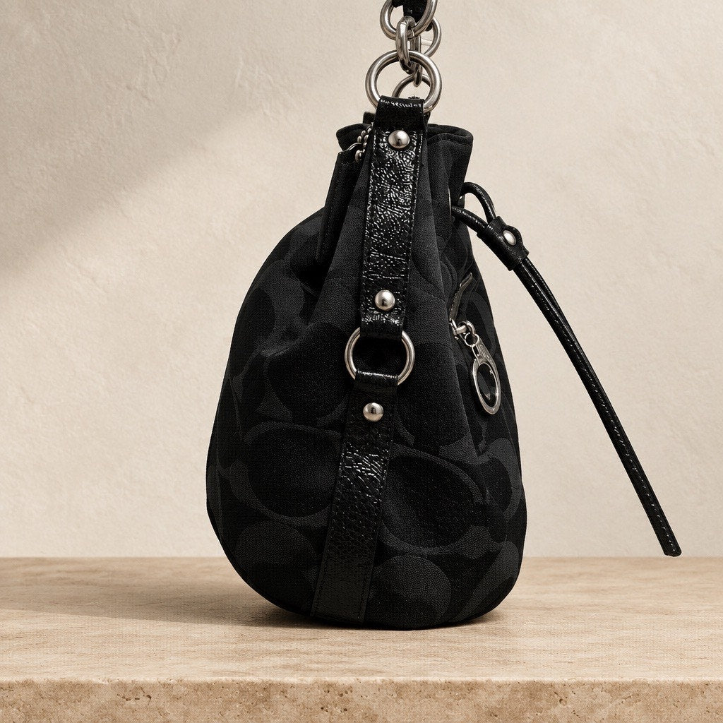 Vintage Coach Signature Bucket Bag | Rare Y2K | Black Jacquard Patent Leather
