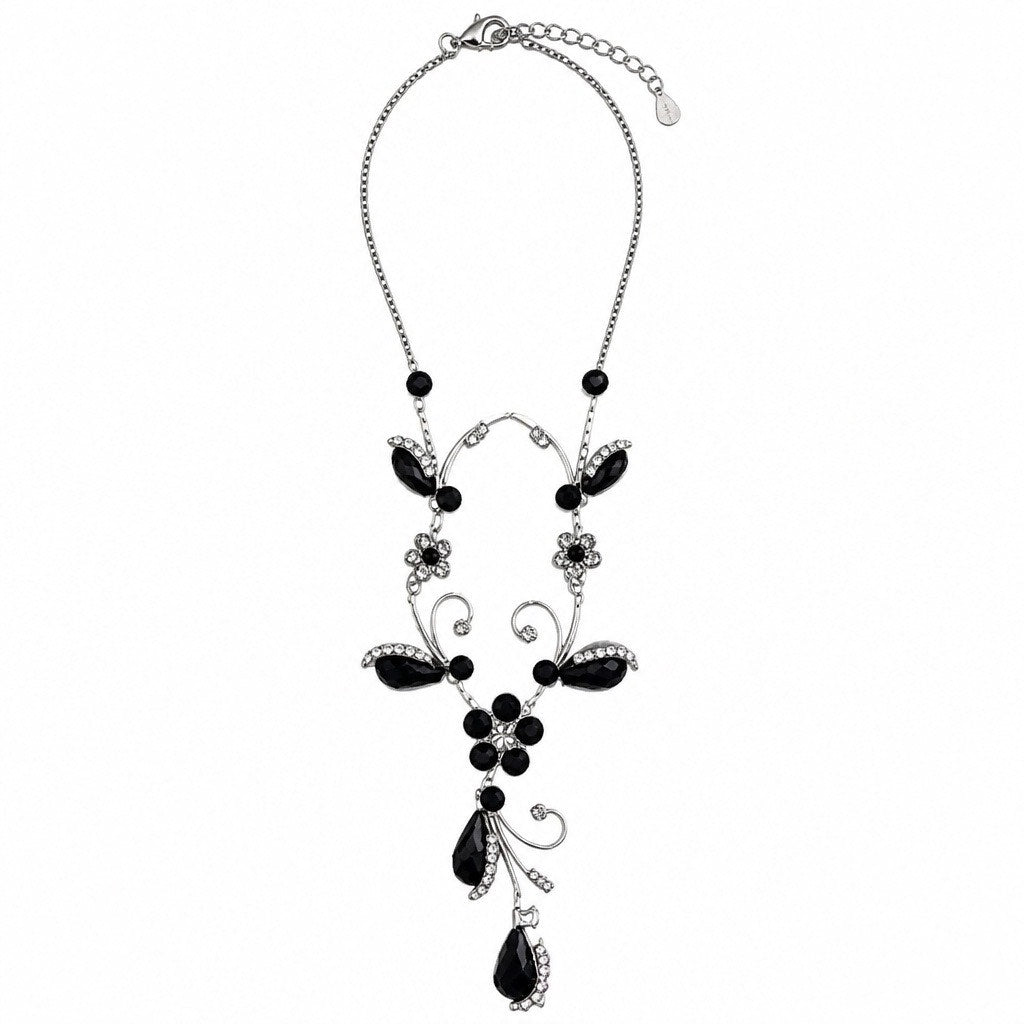 Mariell Black Marquise Crystal Flower Foliage Vine Bridal Prom Necklace