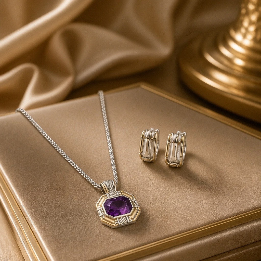 Retired Premier Designs Two-Tone Amethyst Necklace & Rectangular Earring Set