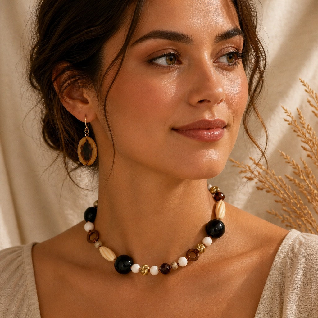 Vintage Chunky Mixed Bead Statement Necklace Tortoiseshell Hoop Earrings Set