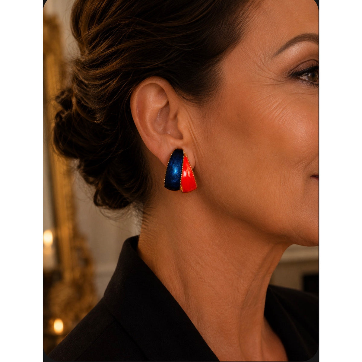 ✨ Midnight & Crimson Enamel Statement Earrings – Vintage Gold-Tone Design
