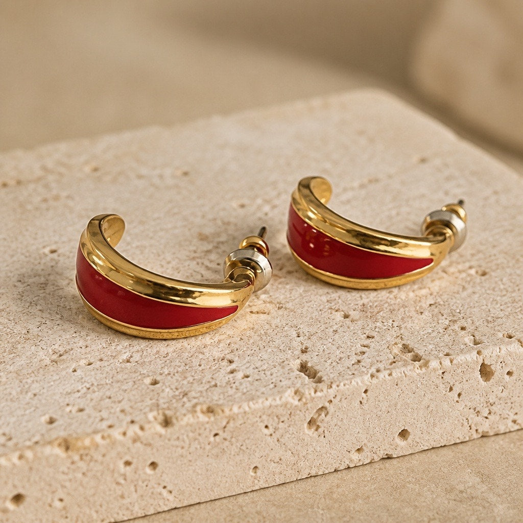 Vintage Luxurious Crimson Red Enamel Crescent Half-Hoop Post Earrings
