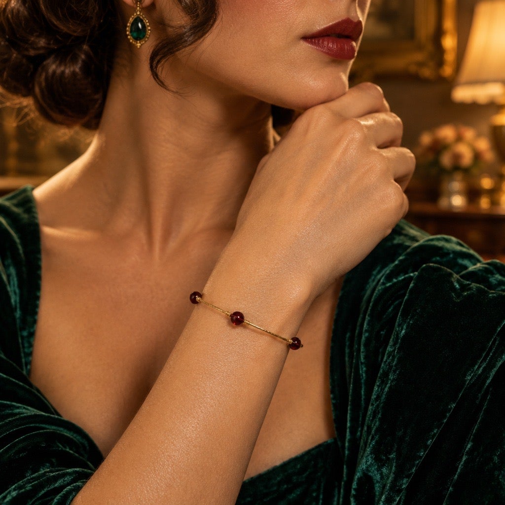 c. 1990s Hand Wrapped Golden Wire Deep Red Garnet Beaded Delicate Bangle