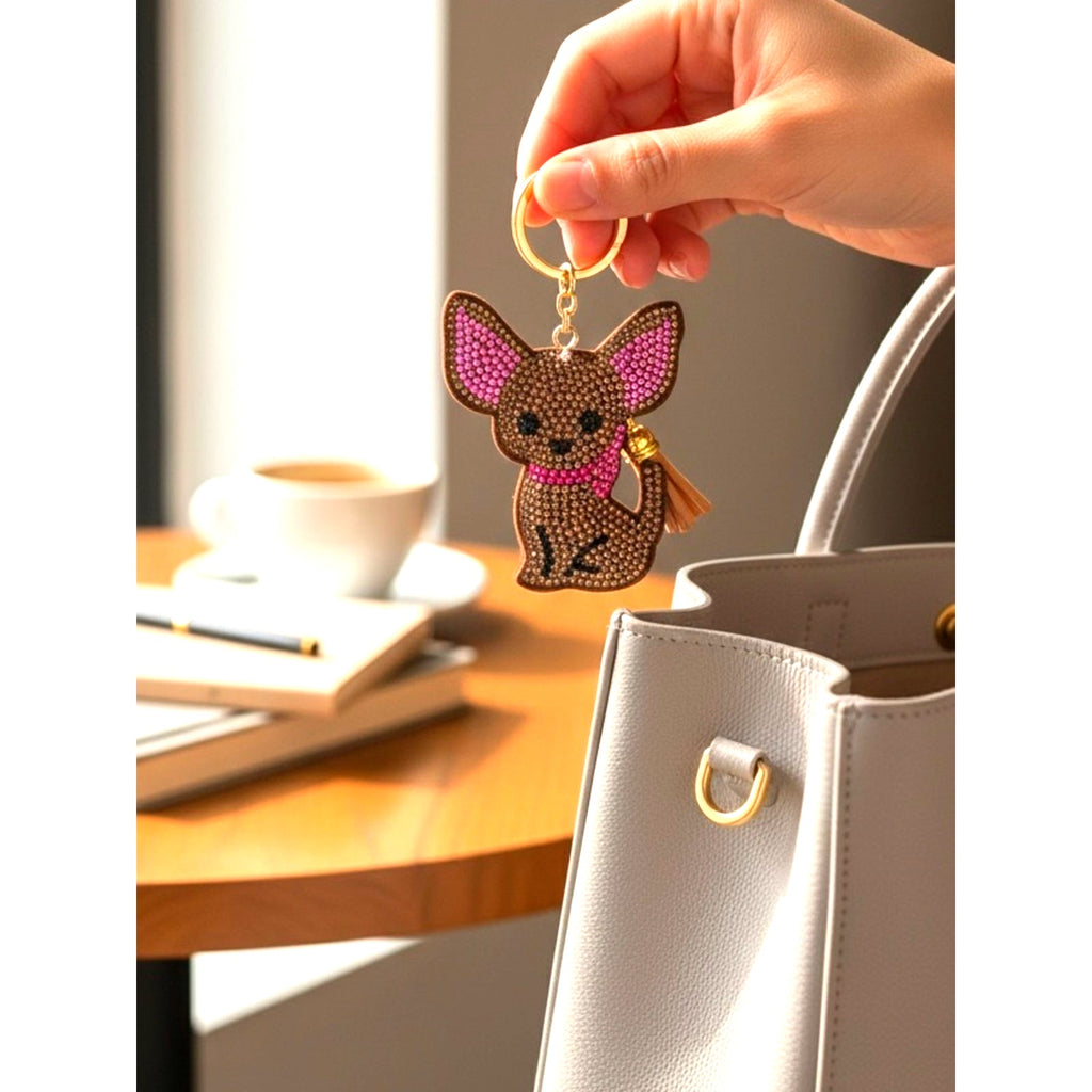 Sparkling Pink Chihuahua Dog  Keychain with Tassel