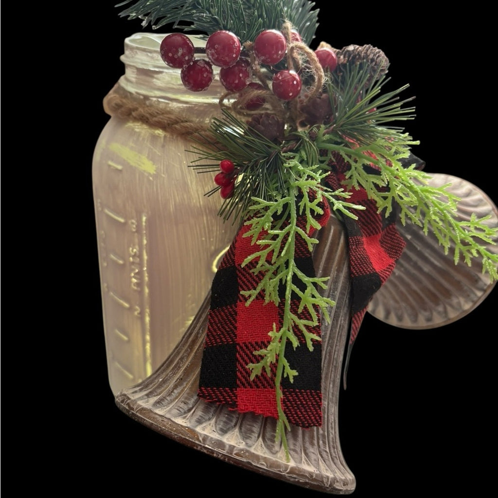 Led Lighted Wide Mouth Mason Jar Display with Rustic Bells