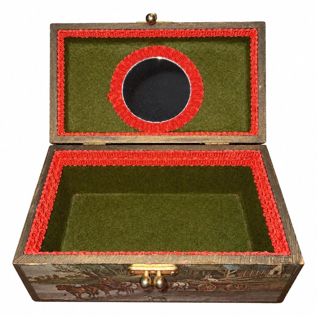 Anton Peck "1960s Americana Decoupage Box Purse with Tortoiseshell Lucite Handle