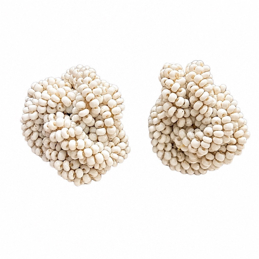 1950 s "The Ivory Reef" Vintage White Glass Seed Bead Woven Knot Earrings signed