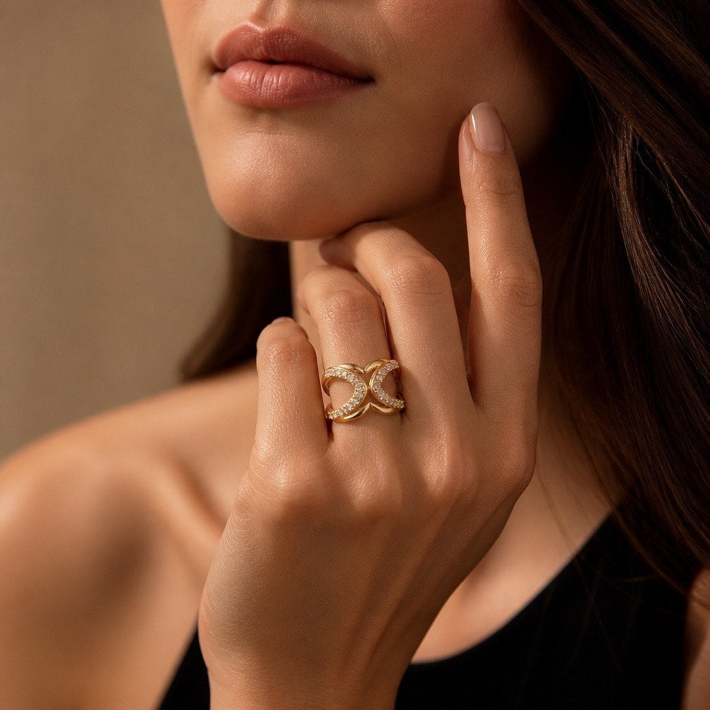 Open Heart Gold-Tone Ring with Sparkling CZ Accents 💍✨
 - adjustable