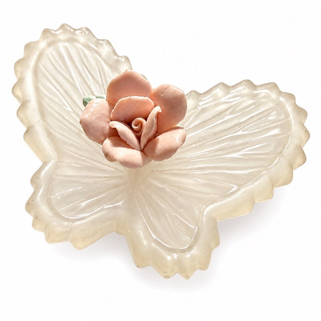 VTG  Pink Frosted Satin Glass Butterfly Trinket Jewelry Box Ceramic Rose Lid