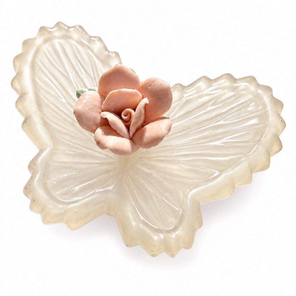 VTG  Pink Frosted Satin Glass Butterfly Trinket Jewelry Box Ceramic Rose Lid