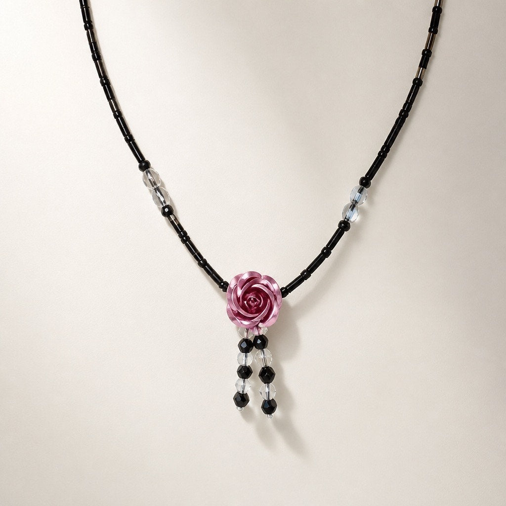 The Briar Rose Necklace – Metallic Pink Blossom & Black Beaded Choker