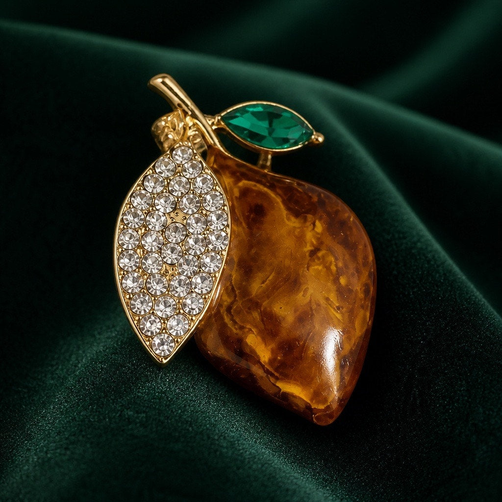 Vintage 1960s Tortoiseshell Pear Brooch, Pave Rhinestone & Emerald Green Crystal Accent Fruit Pin