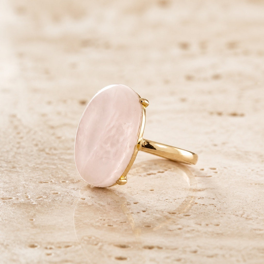 Natural Rose Quartz Oval Statement Ring | Minimalist Band