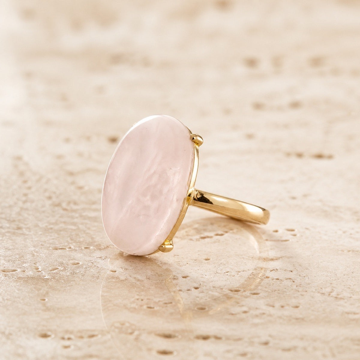 Natural Rose Quartz Oval Statement Ring | Minimalist Band