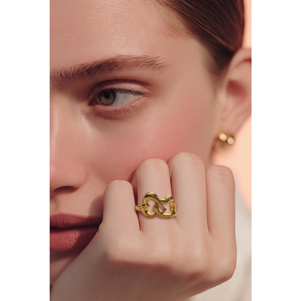 The Juliet Band: Retro 1990s Sculpted Twin Hearts Gold Plated Stacking Ring  (beautiful patina)