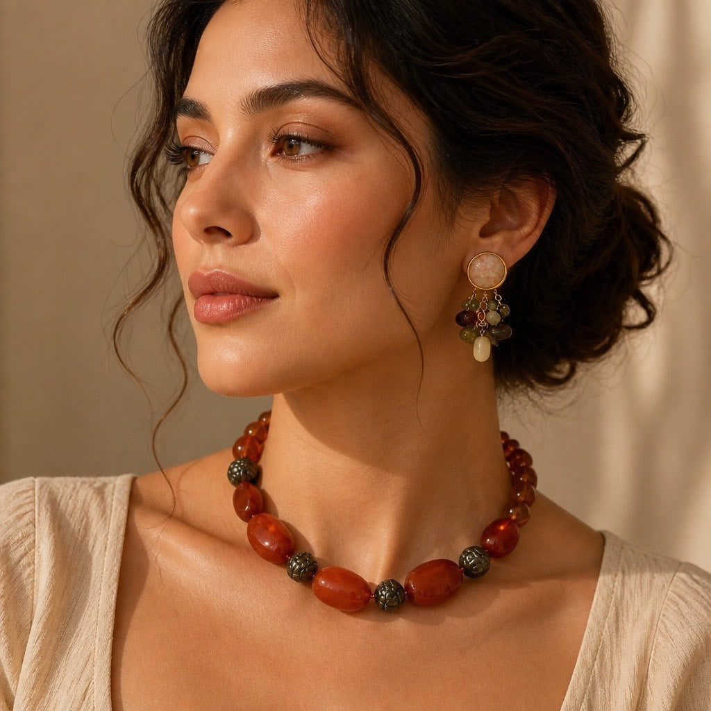 1970 s Vintage Chunky Carnelian Agate & Orange Resin Bead Statement Necklace Earring Sets  – 2 for 1