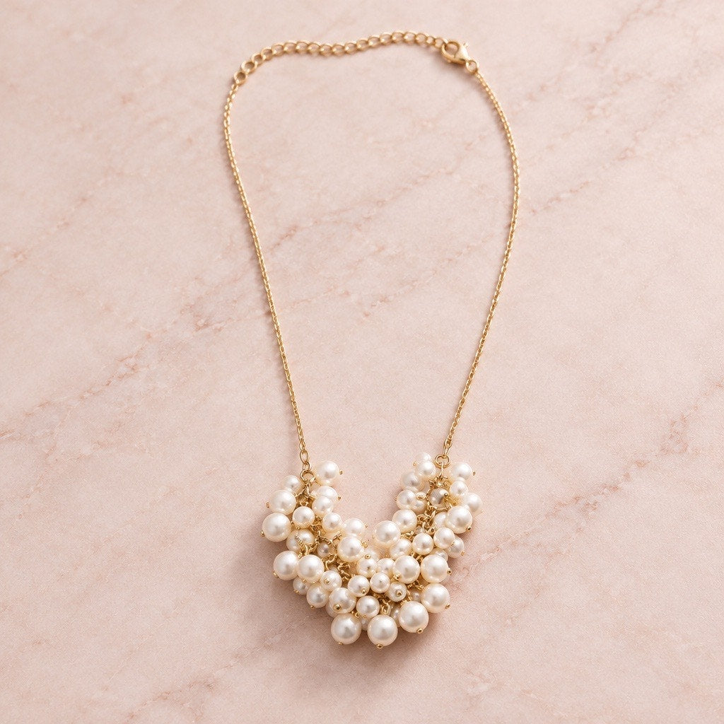 Vintage Liz Claiborne Pearl Cluster Bib Necklace, Heavy Gold Statement Collar