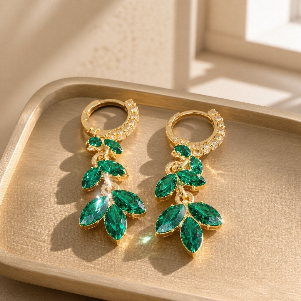 Emerald Green Leaf Drop‎ Earrings