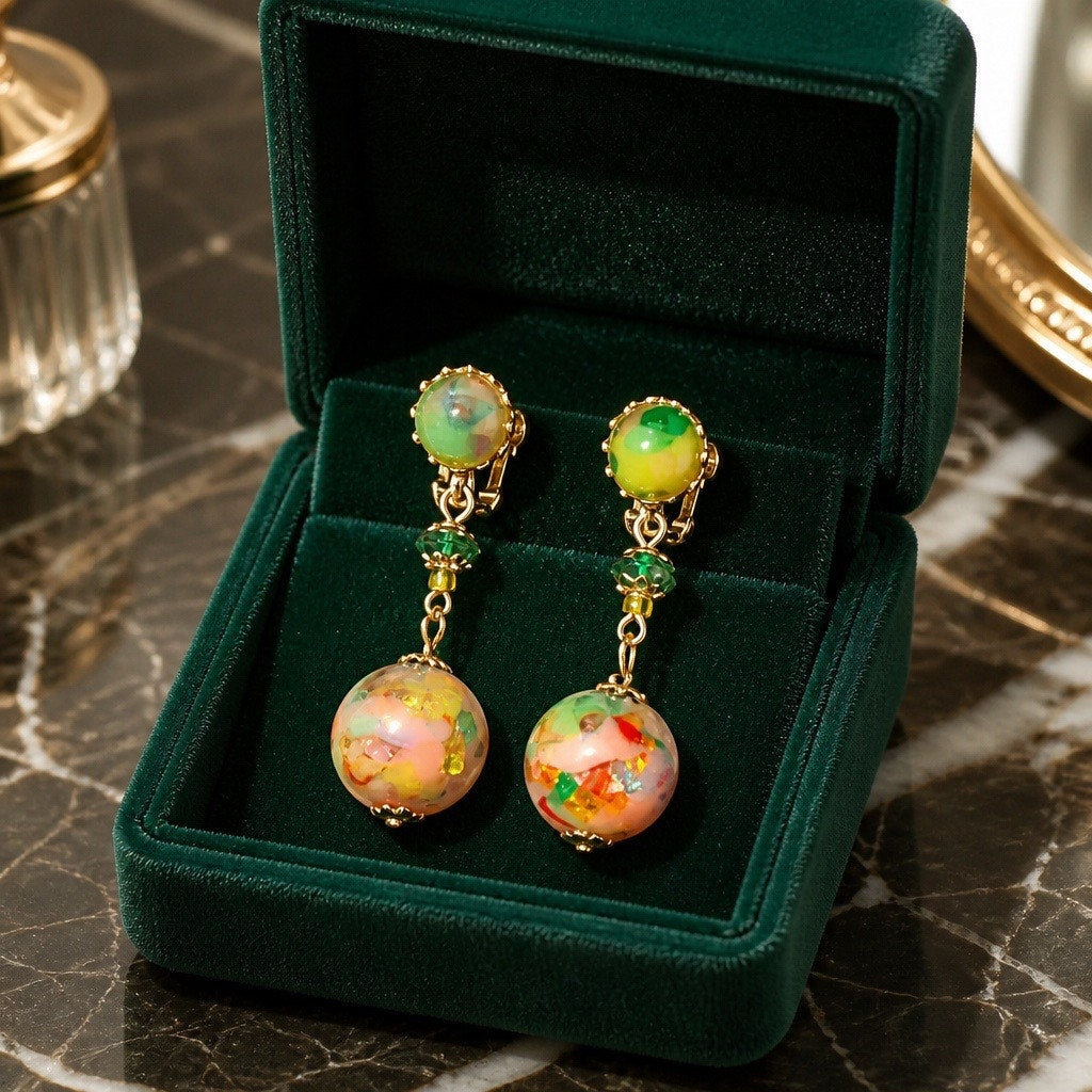 ✨ VINTAGE 1950s SIGNED JAPAN CONFETTI LUCITE DROP EARRINGS ✨
