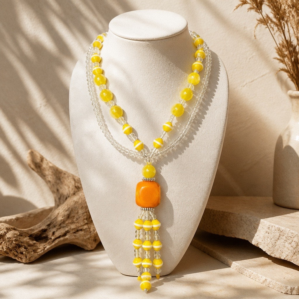 Vintage Mid-1960 s Century Layered Yellow Lucite & Art Glass Tassel Statement Necklace
