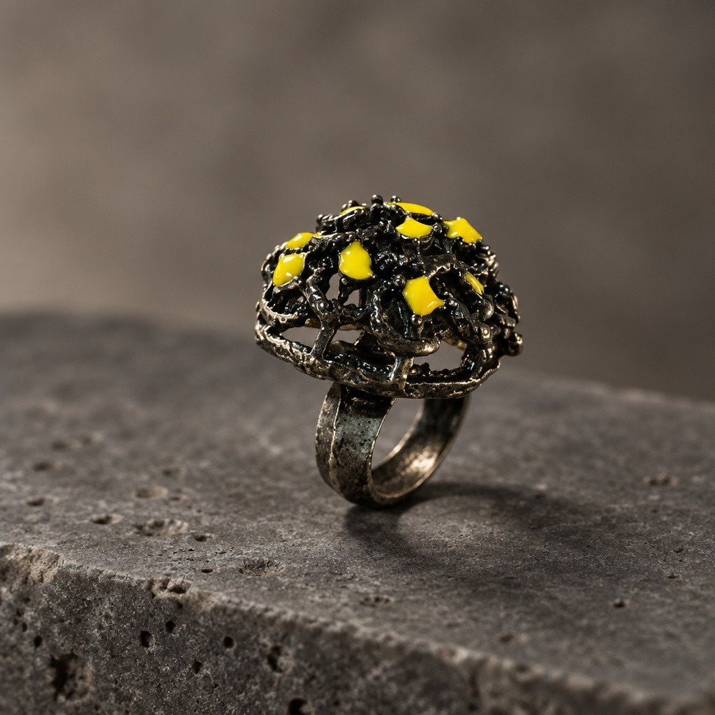 Vintage Brutalist Gunmetal Dome Avant-Garde Canary Yellow Enamel Statement Ring